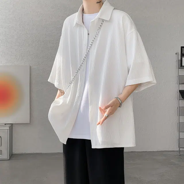 加菲猫家族 日系复古简约舒适纯色基础款纽扣开衫宽松柔软舒适透气日常时尚街头高级感百搭痞帅潮流薄款落肩夏季短袖衬衫 男女同款