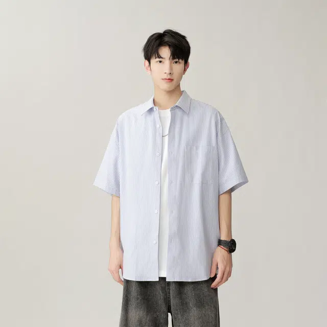 加菲猫家族 经典时尚宽松百搭条纹短袖衬衫 男女同款