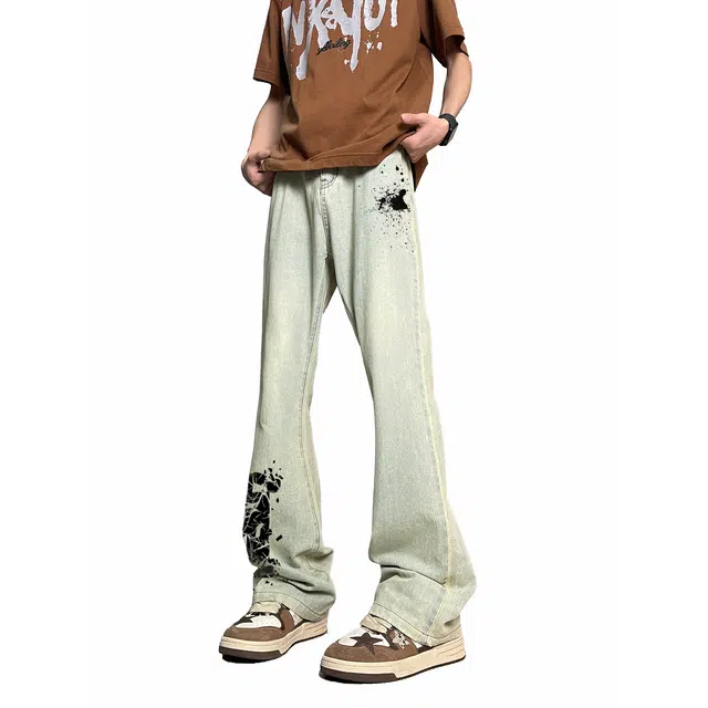 加菲猫家族 美式高街复古潮流水墨碎花印花休闲通勤时尚百搭水洗做旧废土风高级感中腰显高显瘦阔腿微喇弯刀牛仔裤 男女同款