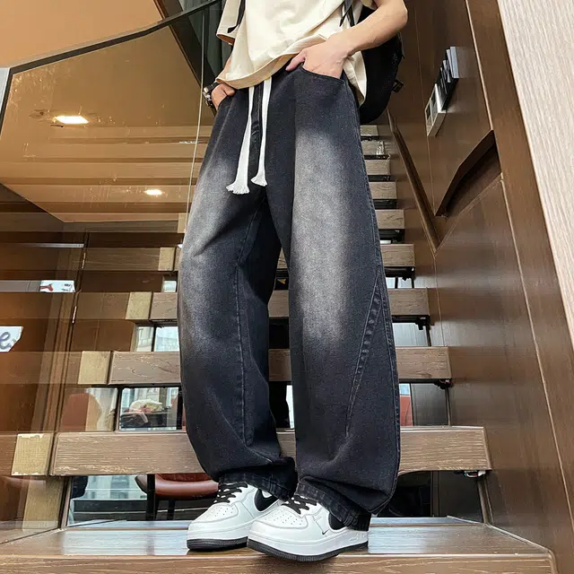 加菲猫家族 美式高街水洗做旧休闲复古风宽松潮流百搭舒适直筒系带中腰长裤牛仔裤 男女同款