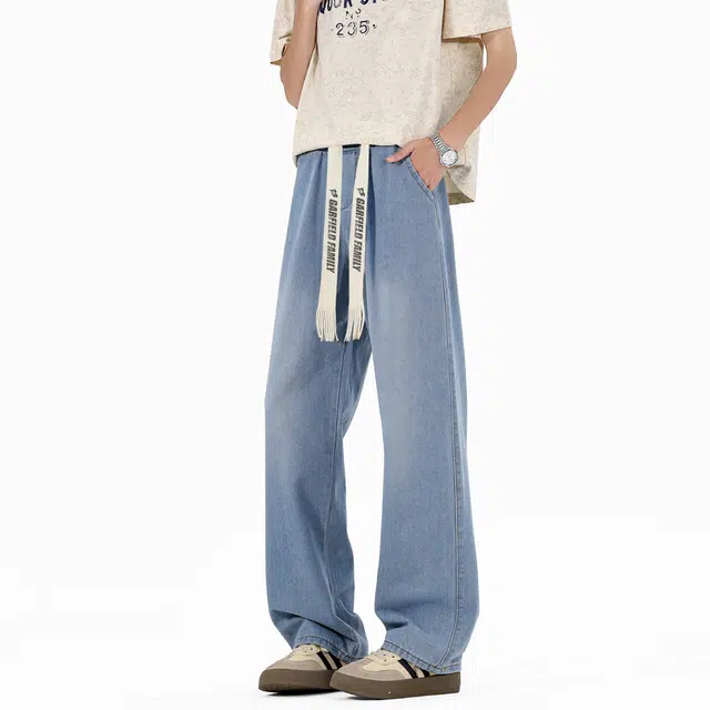 加菲猫家族 美式高街阔腿抽绳字母印花复古渐变水洗做旧基础款休闲宽松通勤舒适时尚百搭垂感显高系带中腰牛仔裤 男女同款