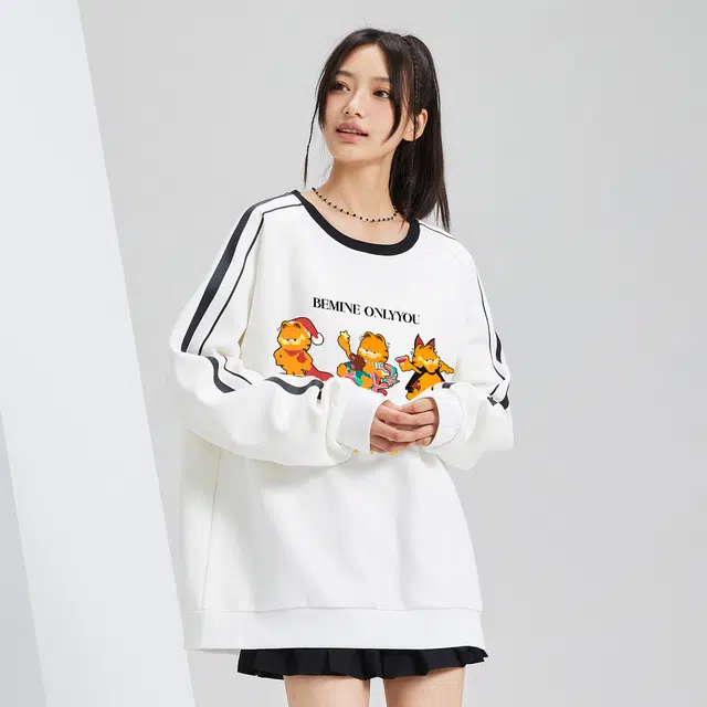 加菲猫家族 美式高街宽松百搭个性卡通动漫字母印花长袖时尚插肩袖条纹撞色设计感休闲圆领套头卫衣 男女同款