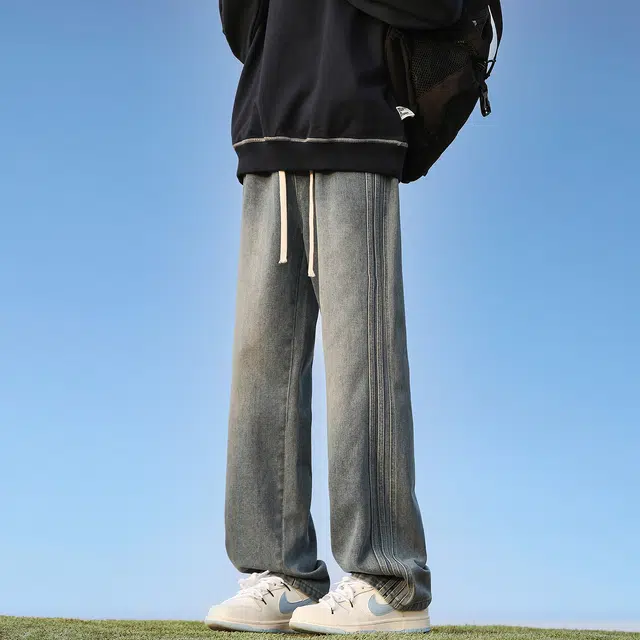 加菲猫家族 纯色水洗做旧美式复古透气直筒垂感百搭宽松休闲舒适基础款松紧中腰系带阔腿街头痞帅嘻哈潮牌牛仔裤 男女同款