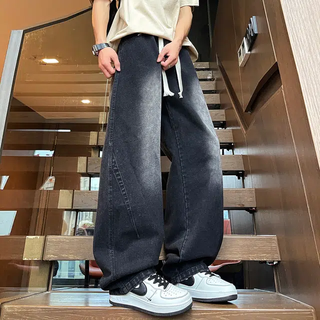 加菲猫家族 美式高街水洗做旧休闲复古风宽松潮流百搭舒适直筒系带中腰长裤牛仔裤 男女同款
