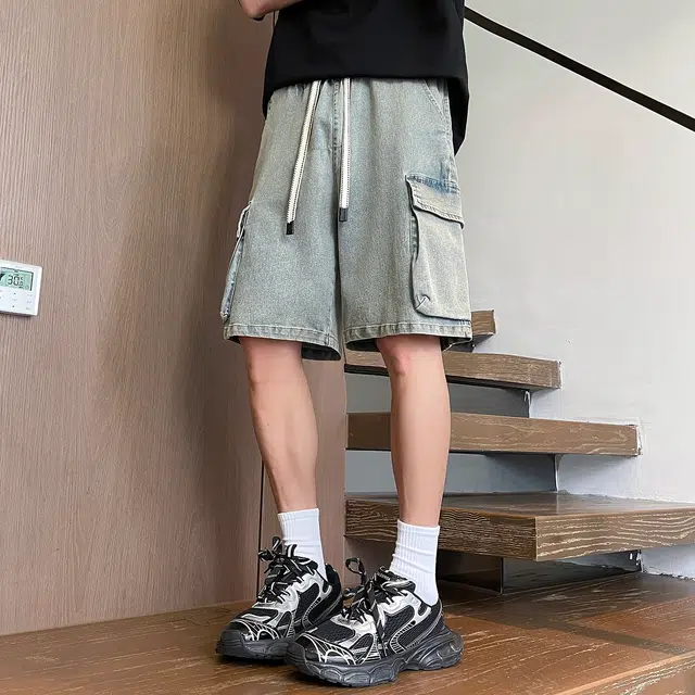 加菲猫家族 经典纯色侧边大口袋松紧系带宽松直筒百搭水洗磨白做旧美式高街机能风五分工装运动休闲牛仔短裤 男女同款