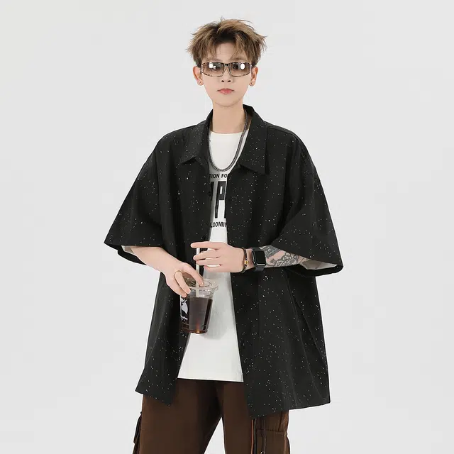 加菲猫家族 美式高街满天星纯色简约宽松休闲百搭户外日常时尚通勤柔软舒适亲肤透气翻领青春活力短袖衬衫 男女同款