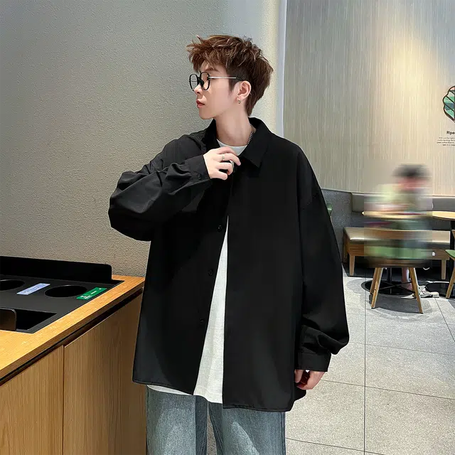 加菲猫家族 日系复古学院风基础简约宽松翻领纯色制服干净少年感开衫长袖防晒外套中性风休闲日常内搭高街透气垂感衬衫 男女同款