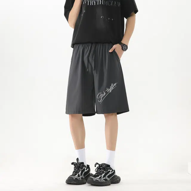 加菲猫家族 美式高街纯色简约系带字母设计印花宽松舒适透气户外运动日常时尚潮流百搭直筒中腰五分休闲短裤 男女同款