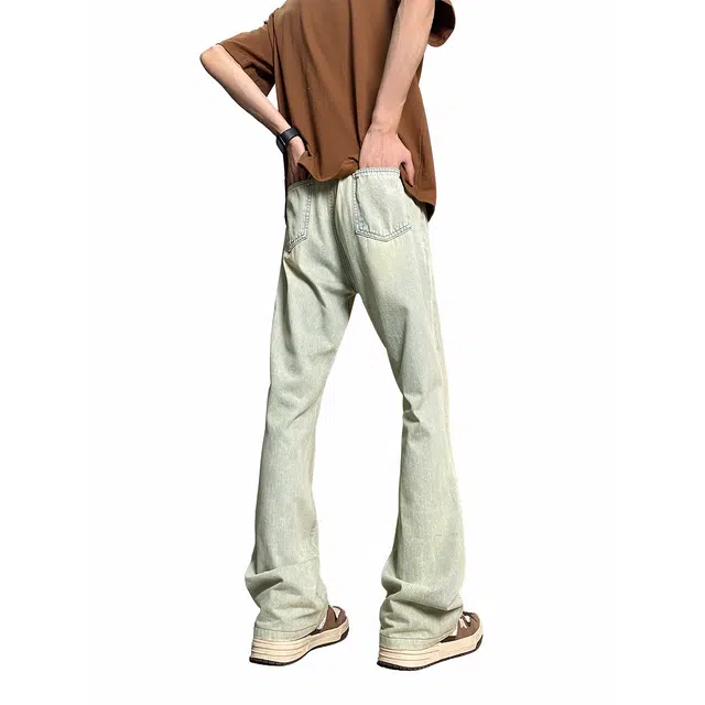 加菲猫家族 美式高街复古潮流水墨碎花印花休闲通勤时尚百搭水洗做旧废土风高级感中腰显高显瘦阔腿微喇弯刀牛仔裤 男女同款