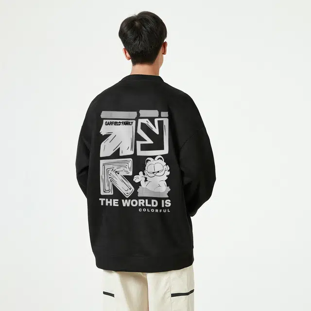 加菲猫家族 美式高街时尚个性休闲百搭趣味卡通人物箭头字母背面印花设计日常通勤宽松舒适学院风复古长袖麂皮绒圆领卫衣 男女同款