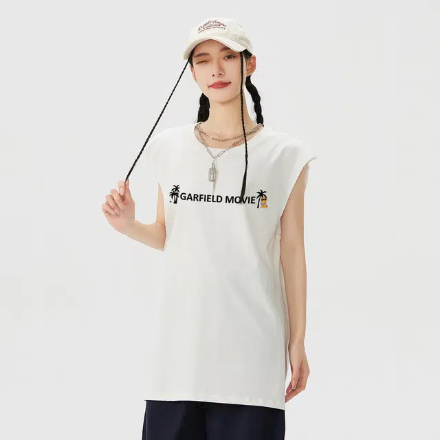 加菲猫家族 美式高街简约重磅纯棉卡通动漫加菲猫椰树字母印花宽松舒适透气排汗日常运动跑步时尚百搭套头无袖圆领背心 男女同款