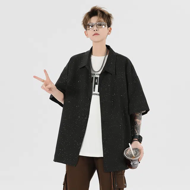 加菲猫家族 美式高街满天星纯色简约宽松休闲百搭户外日常时尚通勤柔软舒适亲肤透气翻领青春活力短袖衬衫 男女同款