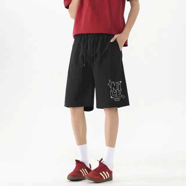 加菲猫家族 美式简约街头痞帅品牌字母印花宽松舒适直筒垂感五分轻薄透气纯色学生党户外运动跑步百搭系带松紧休闲短裤 男女同款
