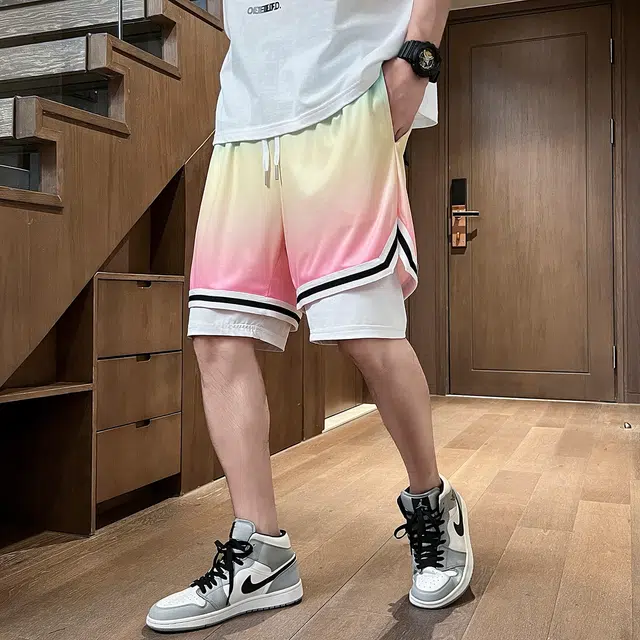 加菲猫家族 美式潮流高街假两件渐变设计训练网眼宽松舒适透气运动五分休闲短裤篮球裤 男女同款