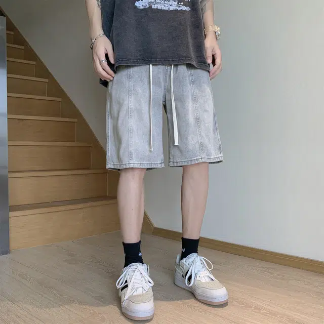 加菲猫家族 美式高街复古水洗做旧磨白拼接直筒阔腿休闲宽松潮流时尚日常百搭舒适柔软透气系带五分牛仔短裤 男女同款
