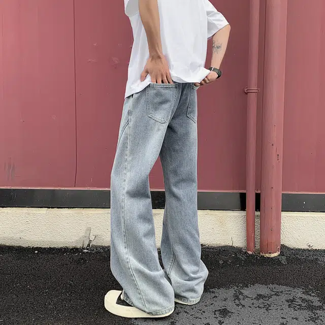 加菲猫家族 美式高街复古潮牌废土风垂感直筒微喇经典纯色痞帅修身显高窄版松紧中腰系绳牛仔裤 男女同款
