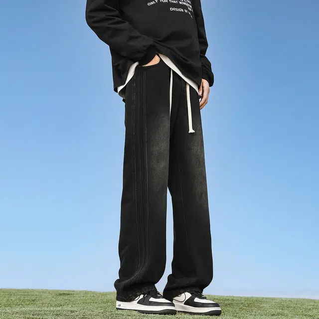 加菲猫家族 纯色水洗做旧美式复古透气直筒垂感百搭宽松休闲舒适基础款松紧中腰系带阔腿街头痞帅嘻哈潮牌牛仔裤 男女同款