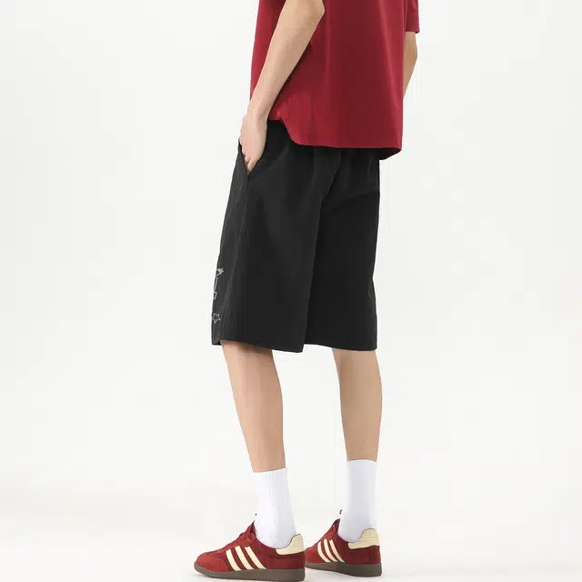 加菲猫家族 美式简约街头痞帅品牌字母印花宽松舒适直筒垂感五分轻薄透气纯色学生党户外运动跑步百搭系带松紧休闲短裤 男女同款