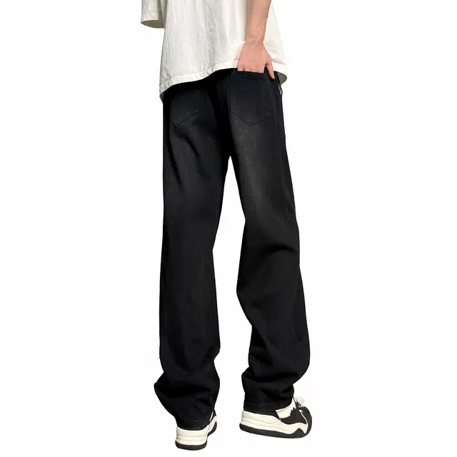 加菲猫家族 纯色基础复古风水洗做旧宽松直筒垂感柔软舒适透气系带印花设计日常通勤百搭街头个性酷帅中腰牛仔裤 男女同款