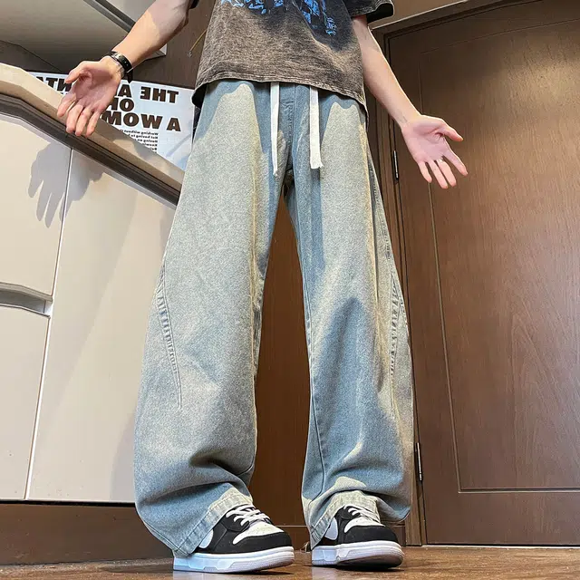 加菲猫家族 美式高街水洗做旧休闲复古风宽松潮流百搭舒适直筒系带中腰长裤牛仔裤 男女同款