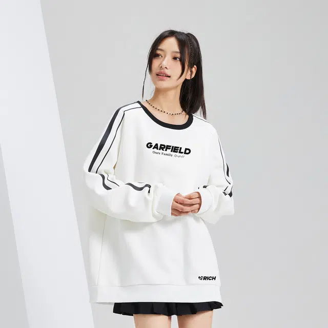 加菲猫家族 美式潮流时尚百搭落肩长袖基础款圆领休闲舒适宽松纯色街头极简风英文艺术字体印花无性别透气户外运动通勤学院风卫衣 男女同款