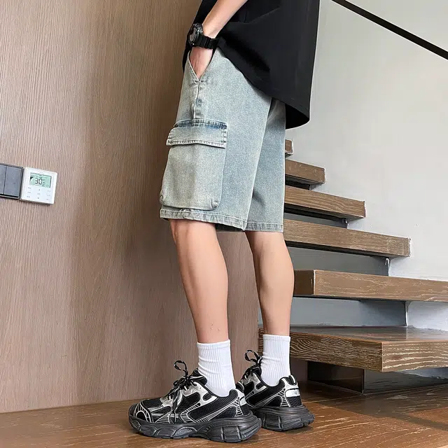 加菲猫家族 经典纯色侧边大口袋松紧系带宽松直筒百搭水洗磨白做旧美式高街机能风五分工装运动休闲牛仔短裤 男女同款