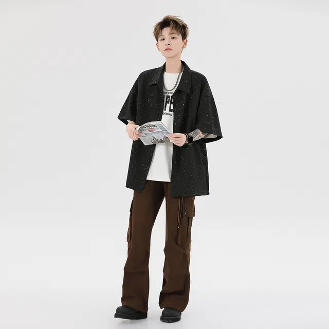 加菲猫家族 美式高街满天星纯色简约宽松休闲百搭户外日常时尚通勤柔软舒适亲肤透气翻领青春活力短袖衬衫 男女同款