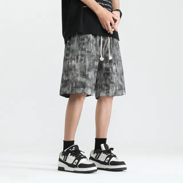 加菲猫家族 美式潮流手工磨破宽松舒适透气日常通勤运动百搭时尚高街个性街头痞帅学院风直筒中腰系带五分休闲短裤 男女同款