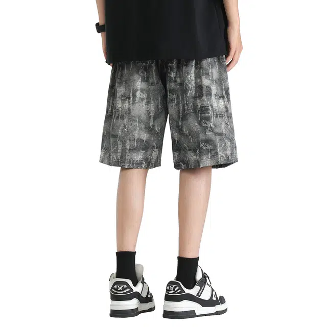 加菲猫家族 美式潮流手工磨破宽松舒适透气日常通勤运动百搭时尚高街个性街头痞帅学院风直筒中腰系带五分休闲短裤 男女同款