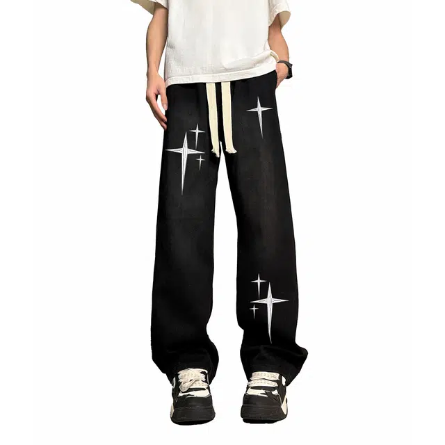 加菲猫家族 美式复古街头黄泥染水洗做旧废土风宽松弹力个性星星印花潮流时尚显瘦高显腿长百搭垂坠柔软不硬工装微喇帅气牛仔裤 男女同款