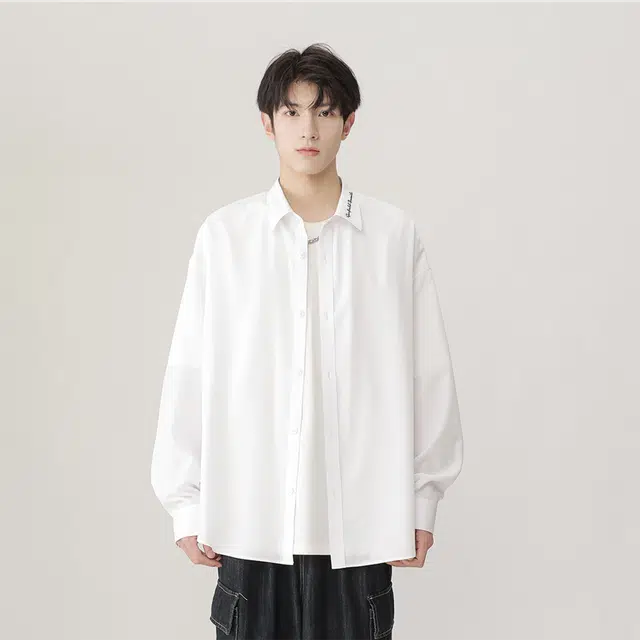 加菲猫家族 日系潮流时尚百搭无性别主义落肩袖翻领手绘字母印花简约衬衣叠穿春秋款日常通勤长袖少年感宽松上衣休闲外套衬衫 男女同款