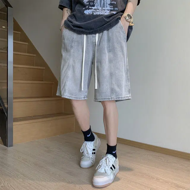 加菲猫家族 美式高街复古水洗做旧磨白拼接直筒阔腿休闲宽松潮流时尚日常百搭舒适柔软透气系带五分牛仔短裤 男女同款