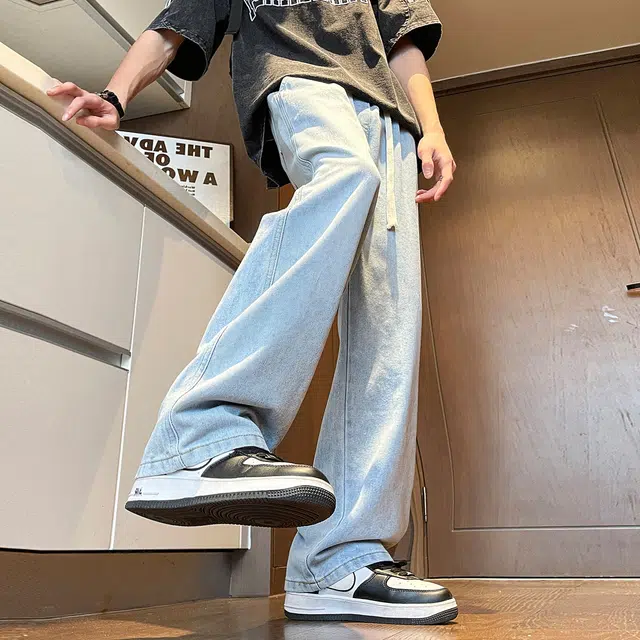 加菲猫家族 经典美式高街复古做旧水洗纯色休闲宽松日常通勤百搭直筒亲肤柔软舒适显高中腰系带牛仔裤 男女同款