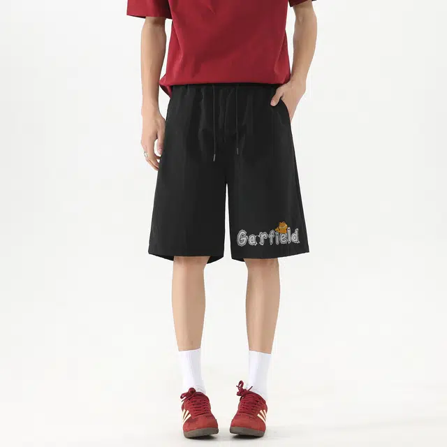 加菲猫家族 街头美式卡通动漫印花直筒垂感五分透气吸湿排汗日常通勤户外运动跑步爬山有氧百搭系带中腰休闲短裤 男女同款