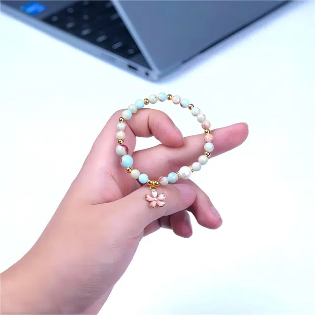 梵澜 国潮佛珠文玩手把件 清新甜美风花朵单圈手持手链 本命年转运珠手饰 轻奢礼赠首饰 寿山石 玉石手串 女款 礼盒装