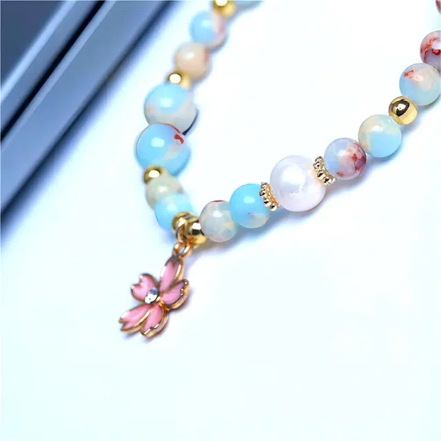 梵澜 国潮佛珠文玩手把件 清新甜美风花朵单圈手持手链 本命年转运珠手饰 轻奢礼赠首饰 寿山石 玉石手串 女款 礼盒装