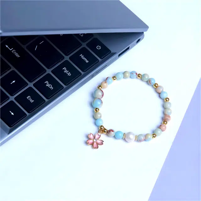 梵澜 国潮佛珠文玩手把件 清新甜美风花朵单圈手持手链 本命年转运珠手饰 轻奢礼赠首饰 寿山石 玉石手串 女款 礼盒装