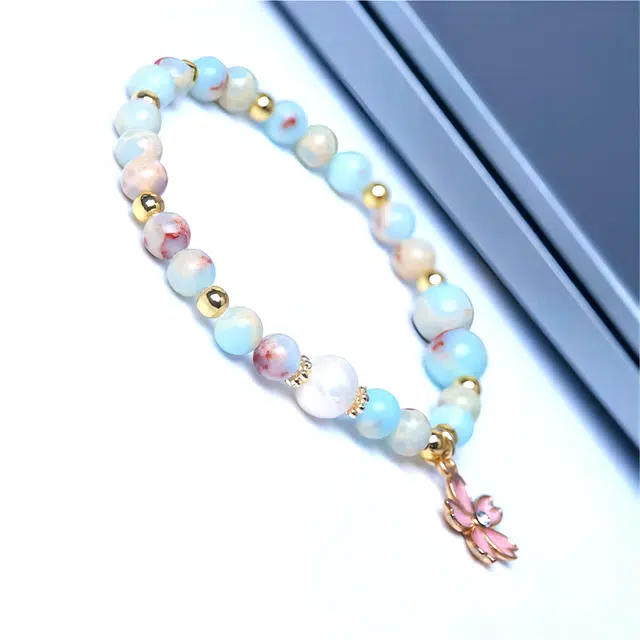 梵澜 国潮佛珠文玩手把件 清新甜美风花朵单圈手持手链 本命年转运珠手饰 轻奢礼赠首饰 寿山石 玉石手串 女款 礼盒装