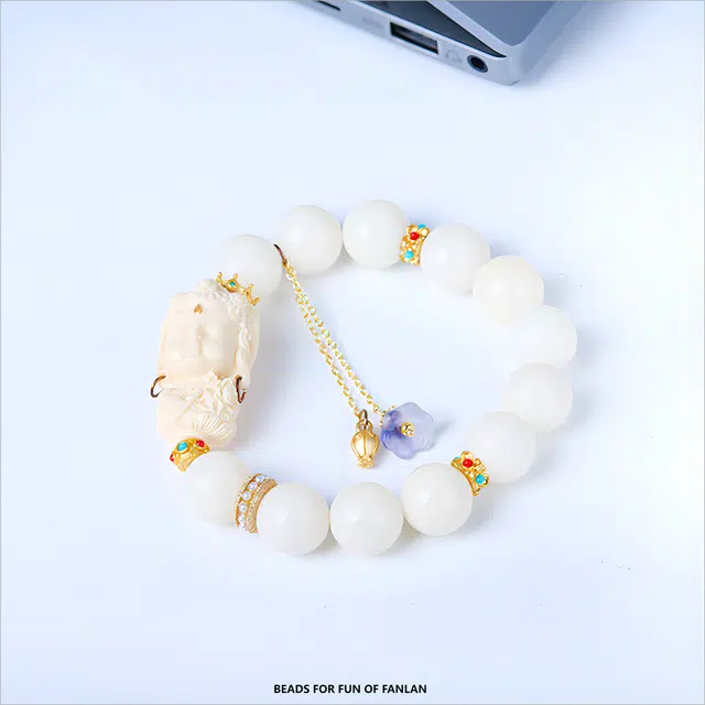 梵澜 仙气百搭单圈文玩 度母雕刻盘玩手把件 时尚百搭手饰 白玉菩提 菩提类手串 男女同款情侣款