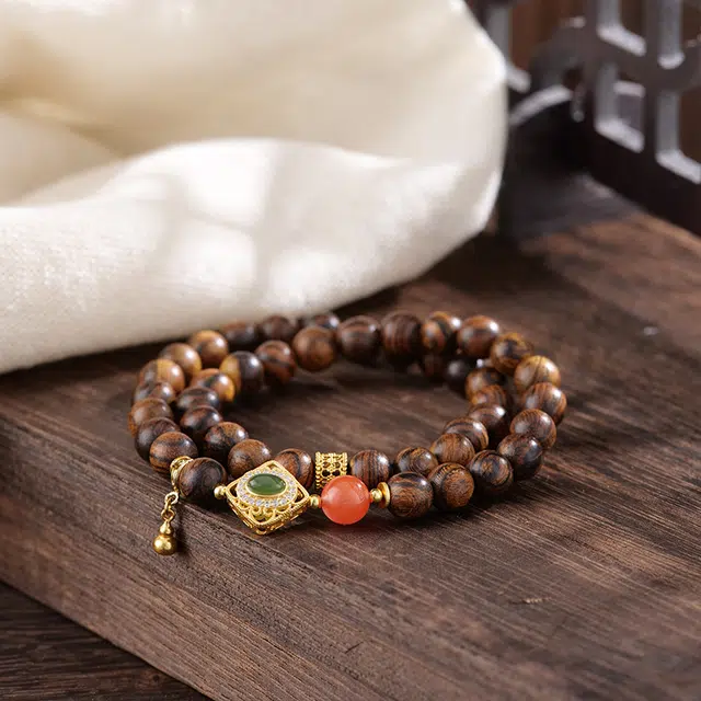 梵澜 国潮古风佛珠文玩手把件 盘玩高级感念珠手持 玛瑙和田玉转运珠手饰 轻奢纪念首饰 虎皮檀 手链 男女同款情侣款 檀木 礼盒装