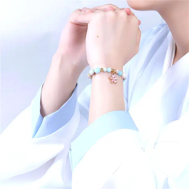 梵澜 国潮佛珠文玩手把件 清新甜美风花朵单圈手持手链 本命年转运珠手饰 轻奢礼赠首饰 寿山石 玉石手串 女款 礼盒装