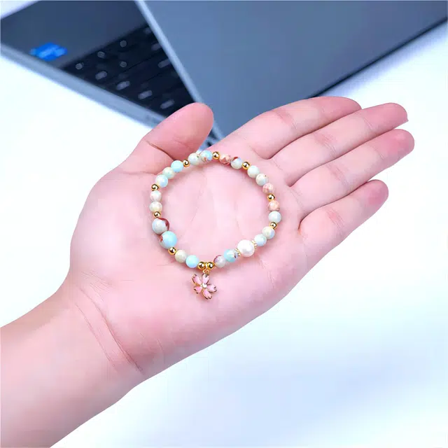 梵澜 国潮佛珠文玩手把件 清新甜美风花朵单圈手持手链 本命年转运珠手饰 轻奢礼赠首饰 寿山石 玉石手串 女款 礼盒装