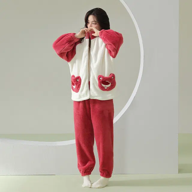 帕兰朵  双面绒加绒加厚保暖秋冬时尚简约长袖睡衣可爱休闲撞色时尚可外穿  家居服套装  女款  粉白色