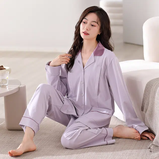 帕兰朵 居家长袖睡衣月子服孕期哺乳期休闲纯色产前产后春秋薄款舒适简约纯棉  家居服套装  女款  紫色