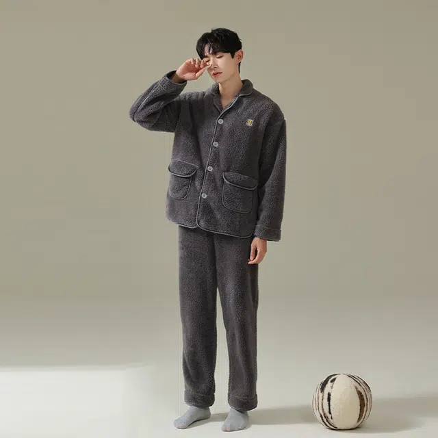 帕兰朵 秋冬时尚保暖居家睡衣翻领落肩纯色单排扣可外穿舒适长毛绒柔软休闲  家居服套装  男款  深灰色