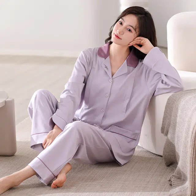 帕兰朵 居家长袖睡衣月子服孕期哺乳期休闲纯色产前产后春秋薄款舒适简约纯棉  家居服套装  女款  紫色
