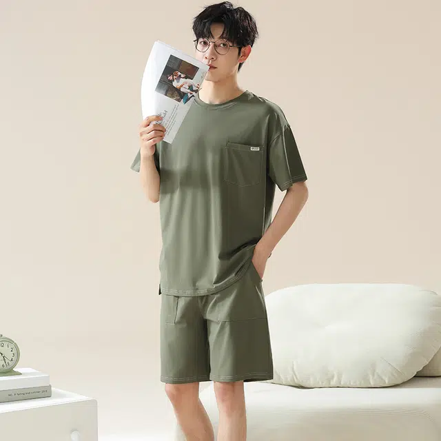 帕兰朵 睡衣短袖新款大码薄款可外穿青年家居服圆领落肩套头短袖松紧腰纯色短裤睡衣套装 男款 卡其色