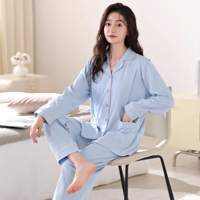 帕兰朵 舒适亲肤月子服睡衣长袖春秋薄款居家休闲简约纯色可爱产前产后哺乳期  家居服套装  女款  蓝色