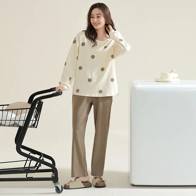 帕兰朵 圆点圆领套头长袖纯色休闲裤睡衣套装 女款 卡其色