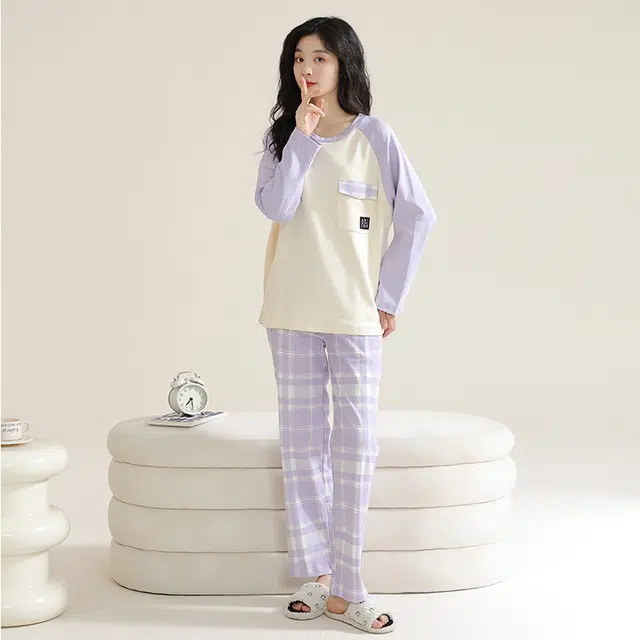帕兰朵 简约时尚宽松圆领上衣格子长裤睡衣套装 女款 浅紫色